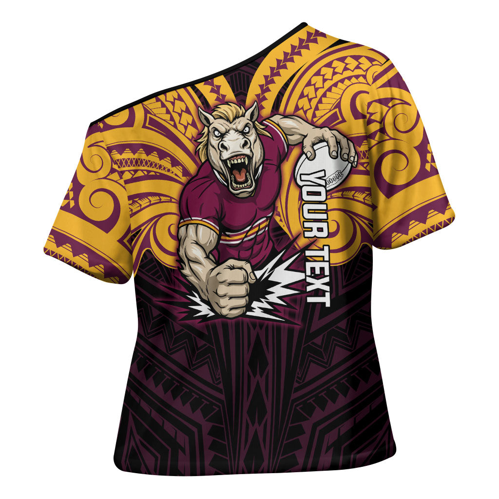 Custom Brisbane Broncos Cross Shoulder Shirt Horse Warrior Polynesia Islander Rugby Mascot
