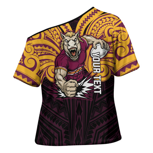Custom Brisbane Broncos Cross Shoulder Shirt Horse Warrior Polynesia Islander Rugby Mascot