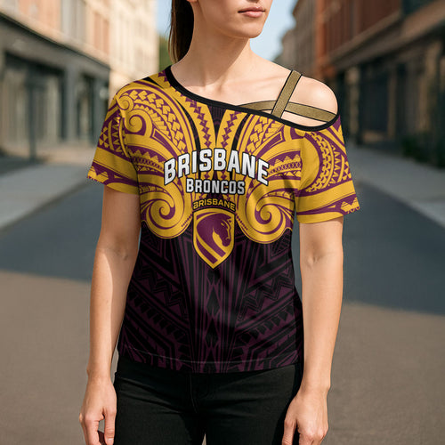 Custom Brisbane Broncos Cross Shoulder Shirt Horse Warrior Polynesia Islander Rugby Mascot