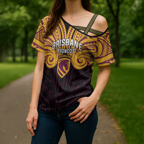 Custom Brisbane Broncos Cross Shoulder Shirt Horse Warrior Polynesia Islander Rugby Mascot