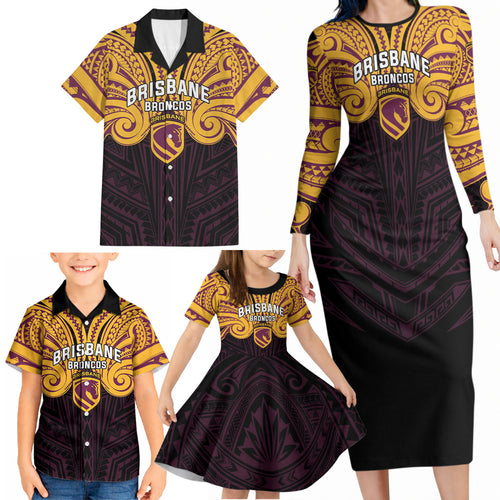 Custom Brisbane Broncos Family Matching Long Sleeve Bodycon Dress and Hawaiian Shirt Horse Warrior Polynesia Islander Rugby Mascot