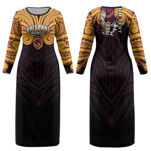 Custom Brisbane Broncos Family Matching Long Sleeve Bodycon Dress and Hawaiian Shirt Horse Warrior Polynesia Islander Rugby Mascot