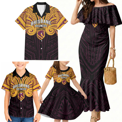 Custom Brisbane Broncos Family Matching Mermaid Dress and Hawaiian Shirt Horse Warrior Polynesia Islander Rugby Mascot