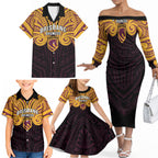 Custom Brisbane Broncos Family Matching Off The Shoulder Long Sleeve Dress and Hawaiian Shirt Horse Warrior Polynesia Islander Rugby Mascot