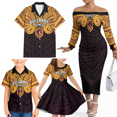 Custom Brisbane Broncos Family Matching Off The Shoulder Long Sleeve Dress and Hawaiian Shirt Horse Warrior Polynesia Islander Rugby Mascot