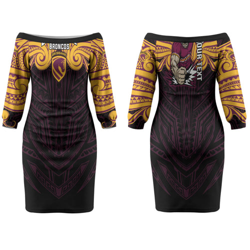 Custom Brisbane Broncos Family Matching Off The Shoulder Long Sleeve Dress and Hawaiian Shirt Horse Warrior Polynesia Islander Rugby Mascot