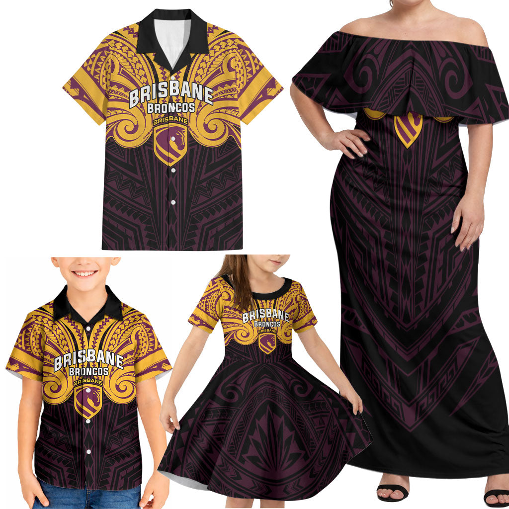 Custom Brisbane Broncos Family Matching Off Shoulder Maxi Dress and Hawaiian Shirt Horse Warrior Polynesia Islander Rugby Mascot