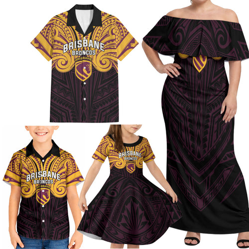 Custom Brisbane Broncos Family Matching Off Shoulder Maxi Dress and Hawaiian Shirt Horse Warrior Polynesia Islander Rugby Mascot