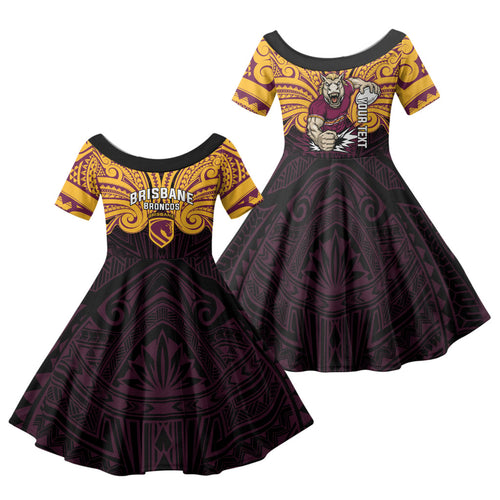 Custom Brisbane Broncos Family Matching Off Shoulder Maxi Dress and Hawaiian Shirt Horse Warrior Polynesia Islander Rugby Mascot