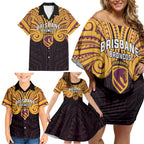 Custom Brisbane Broncos Family Matching Off Shoulder Short Dress and Hawaiian Shirt Horse Warrior Polynesia Islander Rugby Mascot