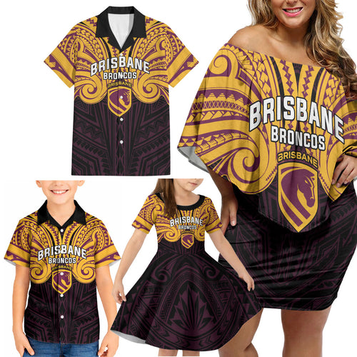 Custom Brisbane Broncos Family Matching Off Shoulder Short Dress and Hawaiian Shirt Horse Warrior Polynesia Islander Rugby Mascot