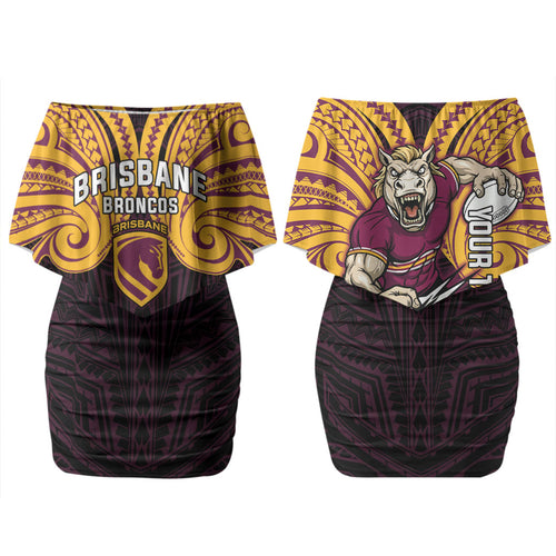 Custom Brisbane Broncos Family Matching Off Shoulder Short Dress and Hawaiian Shirt Horse Warrior Polynesia Islander Rugby Mascot