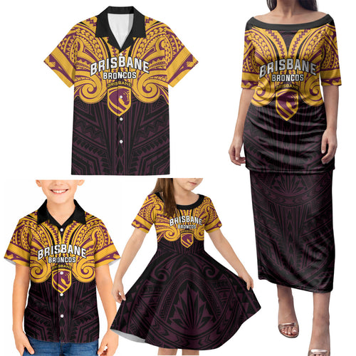 Custom Brisbane Broncos Family Matching Puletasi and Hawaiian Shirt Horse Warrior Polynesia Islander Rugby Mascot