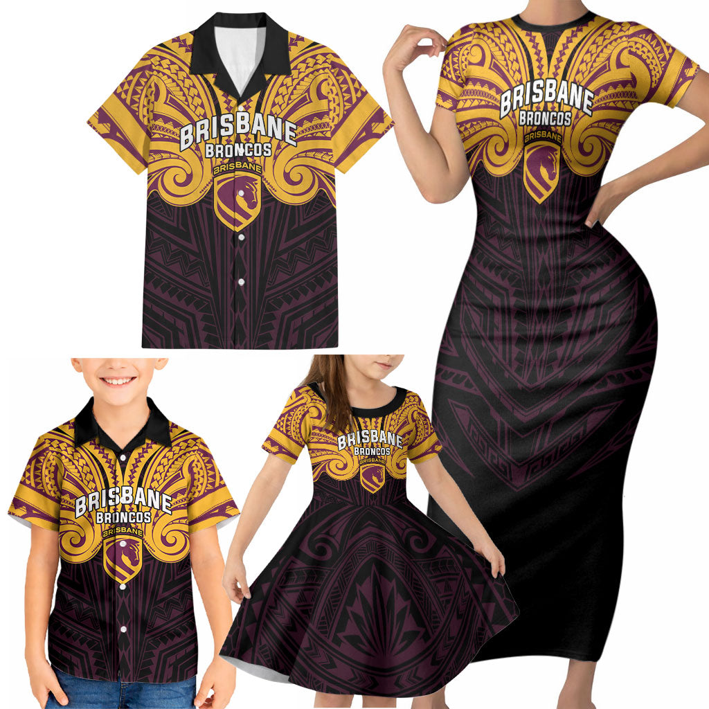 Custom Brisbane Broncos Family Matching Short Sleeve Bodycon Dress and Hawaiian Shirt Horse Warrior Polynesia Islander Rugby Mascot