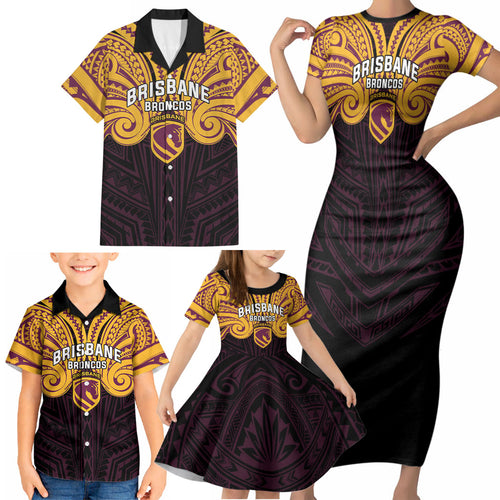 Custom Brisbane Broncos Family Matching Short Sleeve Bodycon Dress and Hawaiian Shirt Horse Warrior Polynesia Islander Rugby Mascot