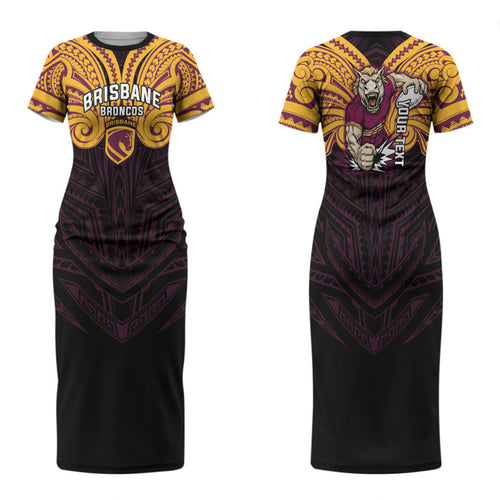 Custom Brisbane Broncos Family Matching Short Sleeve Bodycon Dress and Hawaiian Shirt Horse Warrior Polynesia Islander Rugby Mascot