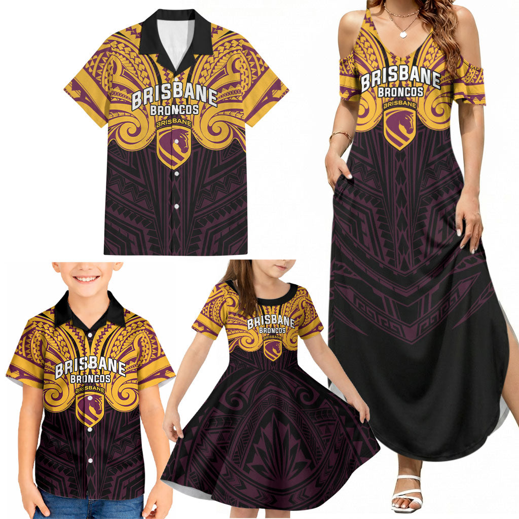 Custom Brisbane Broncos Family Matching Summer Maxi Dress and Hawaiian Shirt Horse Warrior Polynesia Islander Rugby Mascot