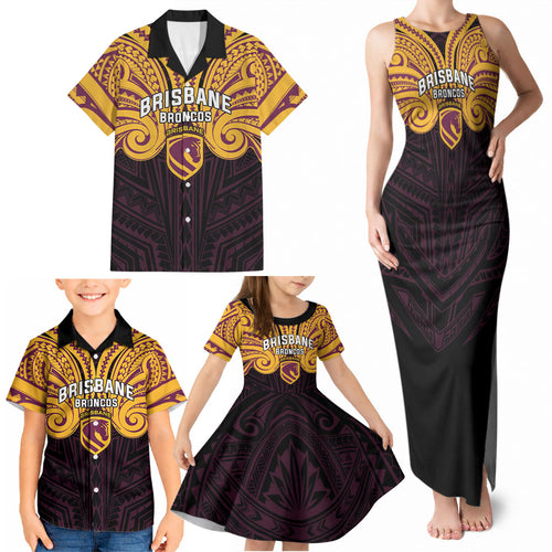 Custom Brisbane Broncos Family Matching Tank Maxi Dress and Hawaiian Shirt Horse Warrior Polynesia Islander Rugby Mascot