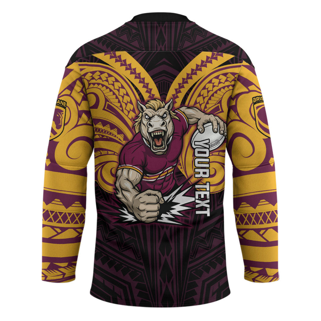 Custom Brisbane Broncos Hockey Jersey Horse Warrior Polynesia Islander Rugby Mascot