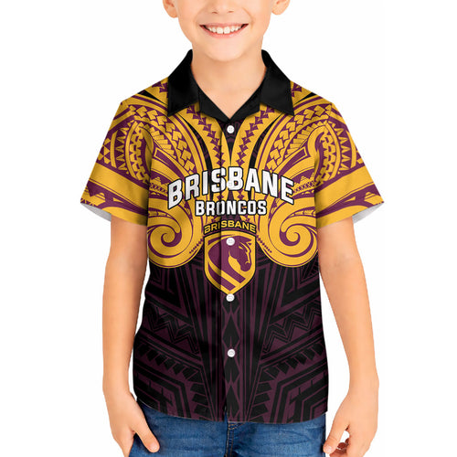 Custom Brisbane Broncos Kid Hawaiian Shirt Horse Warrior Polynesia Islander Rugby Mascot