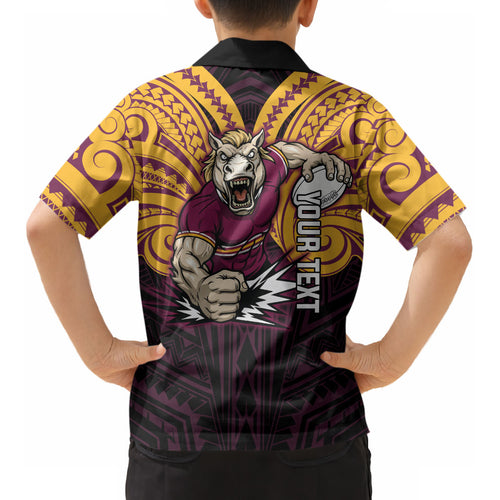 Custom Brisbane Broncos Kid Hawaiian Shirt Horse Warrior Polynesia Islander Rugby Mascot