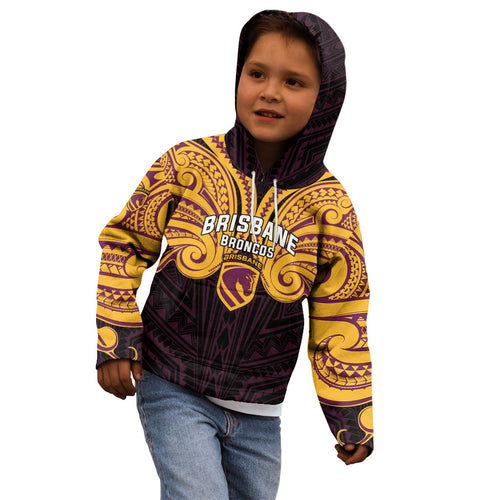 Custom Brisbane Broncos Kid Hoodie Horse Warrior Polynesia Islander Rugby Mascot