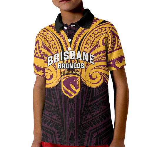Custom Brisbane Broncos Kid Polo Shirt Horse Warrior Polynesia Islander Rugby Mascot