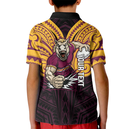Custom Brisbane Broncos Kid Polo Shirt Horse Warrior Polynesia Islander Rugby Mascot