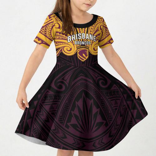 Custom Brisbane Broncos Kid Short Sleeve Dress Horse Warrior Polynesia Islander Rugby Mascot