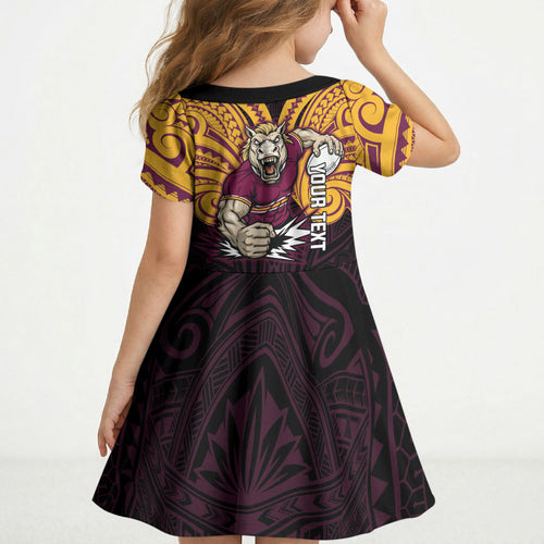 Custom Brisbane Broncos Kid Short Sleeve Dress Horse Warrior Polynesia Islander Rugby Mascot