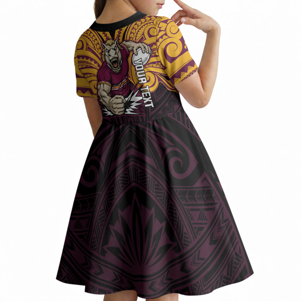 Custom Brisbane Broncos Kid Short Sleeve Dress Horse Warrior Polynesia Islander Rugby Mascot