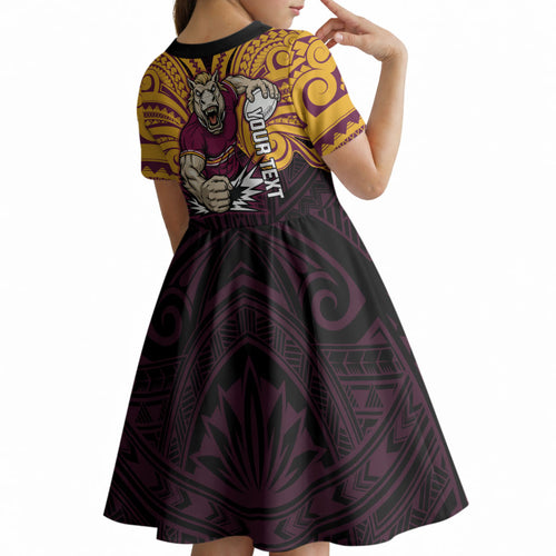 Custom Brisbane Broncos Kid Short Sleeve Dress Horse Warrior Polynesia Islander Rugby Mascot