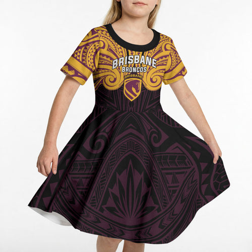 Custom Brisbane Broncos Kid Short Sleeve Dress Horse Warrior Polynesia Islander Rugby Mascot