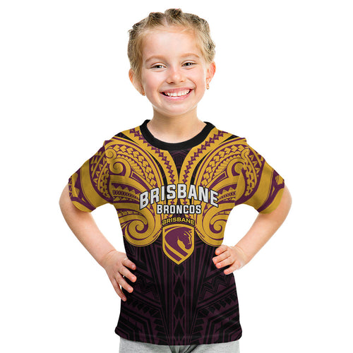 Custom Brisbane Broncos Kid T Shirt Horse Warrior Polynesia Islander Rugby Mascot