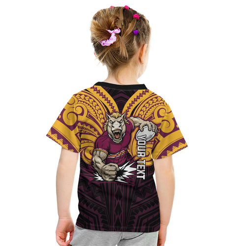 Custom Brisbane Broncos Kid T Shirt Horse Warrior Polynesia Islander Rugby Mascot