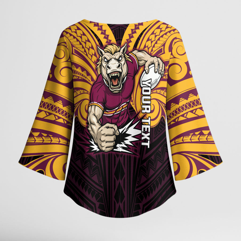 Custom Brisbane Broncos Kimono Sleeve Blouse Horse Warrior Polynesia Islander Rugby Mascot