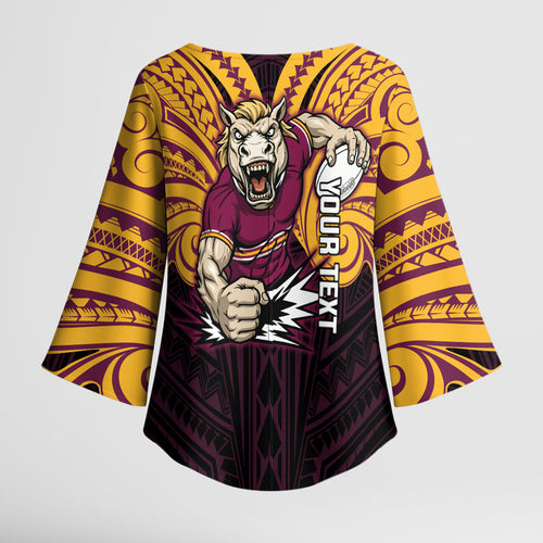 Custom Brisbane Broncos Kimono Sleeve Blouse Horse Warrior Polynesia Islander Rugby Mascot