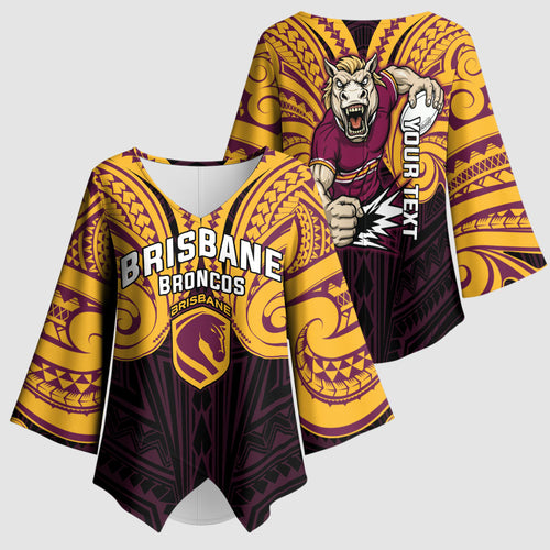 Custom Brisbane Broncos Kimono Sleeve Blouse Horse Warrior Polynesia Islander Rugby Mascot