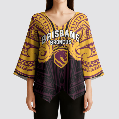 Custom Brisbane Broncos Kimono Sleeve Blouse Horse Warrior Polynesia Islander Rugby Mascot