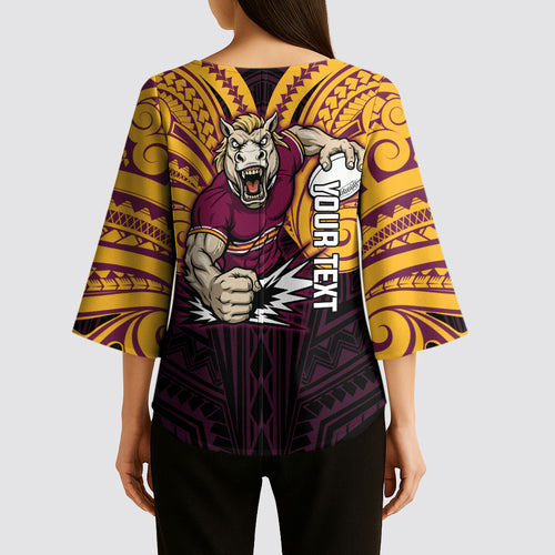 Custom Brisbane Broncos Kimono Sleeve Blouse Horse Warrior Polynesia Islander Rugby Mascot
