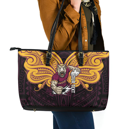 Custom Brisbane Broncos Leather Tote Bag Horse Warrior Polynesia Islander Rugby Mascot