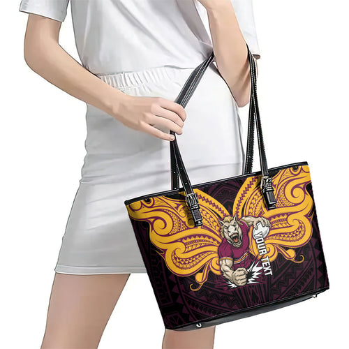 Custom Brisbane Broncos Leather Tote Bag Horse Warrior Polynesia Islander Rugby Mascot