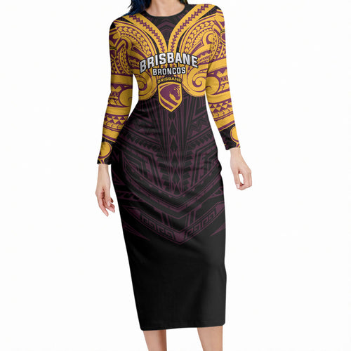 Custom Brisbane Broncos Long Sleeve Bodycon Dress Horse Warrior Polynesia Islander Rugby Mascot