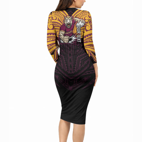 Custom Brisbane Broncos Long Sleeve Bodycon Dress Horse Warrior Polynesia Islander Rugby Mascot