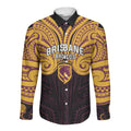 Custom Brisbane Broncos Long Sleeve Button Shirt Horse Warrior Polynesia Islander Rugby Mascot