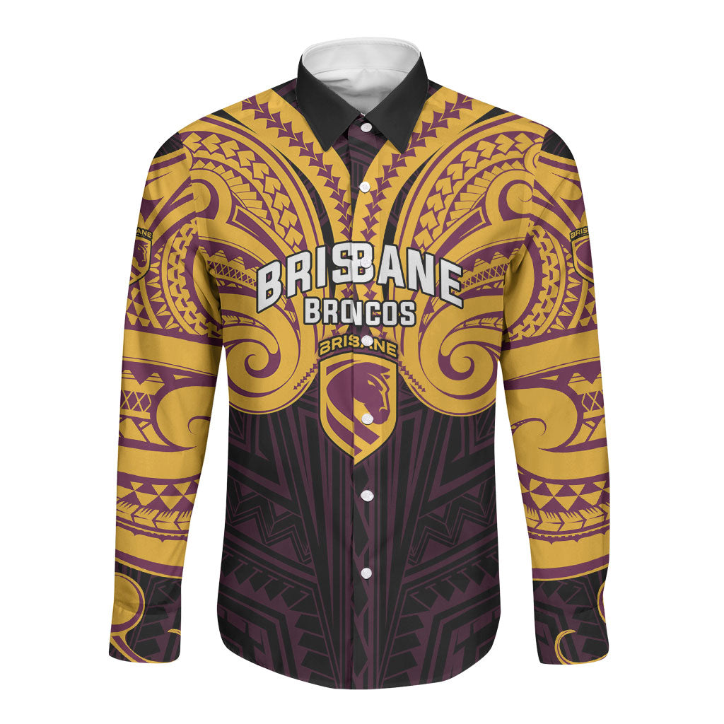 Custom Brisbane Broncos Long Sleeve Button Shirt Horse Warrior Polynesia Islander Rugby Mascot