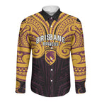 Custom Brisbane Broncos Long Sleeve Button Shirt Horse Warrior Polynesia Islander Rugby Mascot
