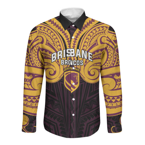 Custom Brisbane Broncos Long Sleeve Button Shirt Horse Warrior Polynesia Islander Rugby Mascot
