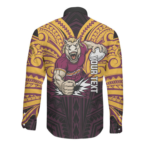 Custom Brisbane Broncos Long Sleeve Button Shirt Horse Warrior Polynesia Islander Rugby Mascot