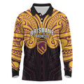 Custom Brisbane Broncos Long Sleeve Polo Shirt Horse Warrior Polynesia Islander Rugby Mascot